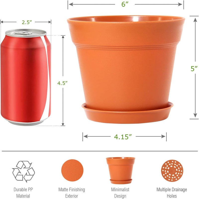 WOUSIWER 16 Pack 6 inch Plastic Planters, Plastic Indoor Planter Flower Pots, Heavy Duty and Stylish 6 Inch Plant Pots for Indoor Plants with Drainage Holes and Tray for Plants, Flowers, Terracotta - Image 3